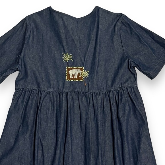 Y2K Bechamel Denim Midi Dress Jungle Animal Patches Short Sleeves Pockets Large - Picture 5 of 12